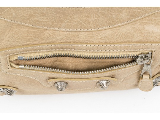 Balenciaga Striking Tan Leather Baguette Top Zip Shoulder Bag, Studded Accents