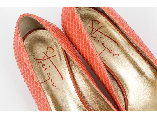 Walter Steiger Fun Coral Snakeskin And Orange Heeled Pumps, Size 36 1/2
