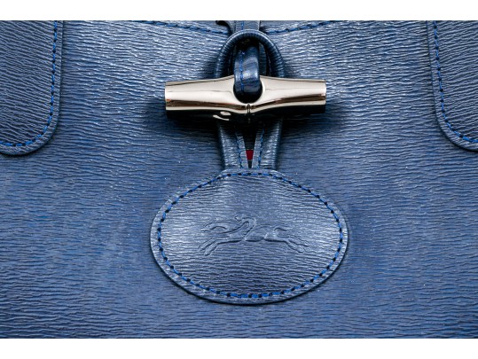 Longchamp Striking Navy Blue Leather Top Handle Tote Bag, Pinkish Red Interior