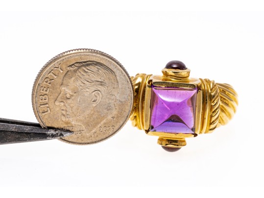 14k Yellow Gold Chunky Sugarloaf Amethyst And Garnet Ribbed Ring, Size 7+