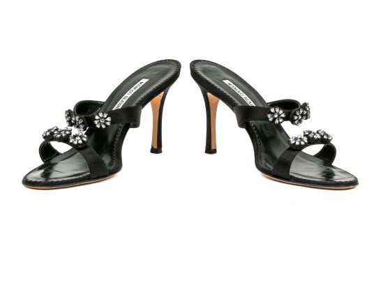 Manolo Blahnik Beautiful Bedazzled Black Satin Mules, Size 38