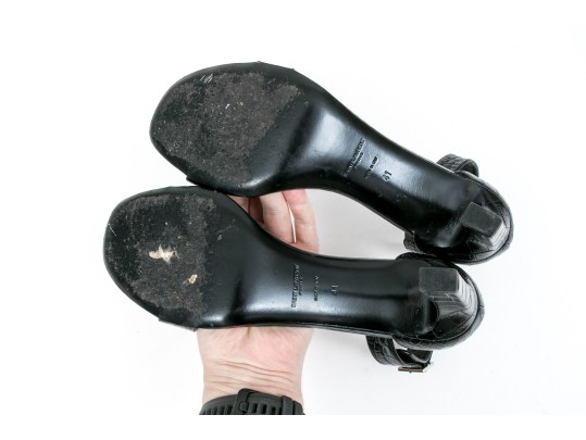 Saint Laurent Striking Black Crocodile Grained Sandals, Size 41, With Box