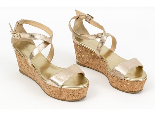 Jimmy Choo Gold Metallic Platform Ankle Strap Wedge Sandal, Size 38 Or 38 1/2