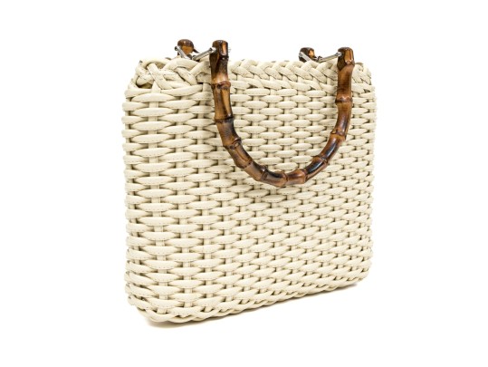 Gucci Lovely Woven Ivory Leather Bamboo Top Handle Bag