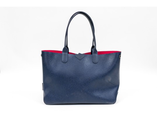 Longchamp Striking Navy Blue Leather Top Handle Tote Bag, Pinkish Red Interior