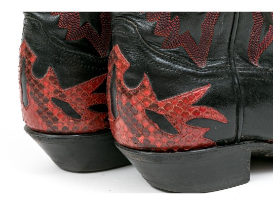 Panhandle Slim Fabulous Black Leather Cowboy Boots With Red Snake Patterning, Size 6