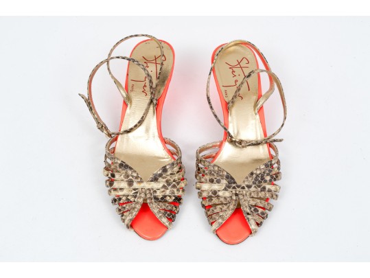 Walter Steiger Fun Orange Neon And Snakeskin Sandals, Size 37