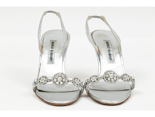 Manolo Blahnik Beautiful Bedazzled Silver Metallic Sandals, Size 38