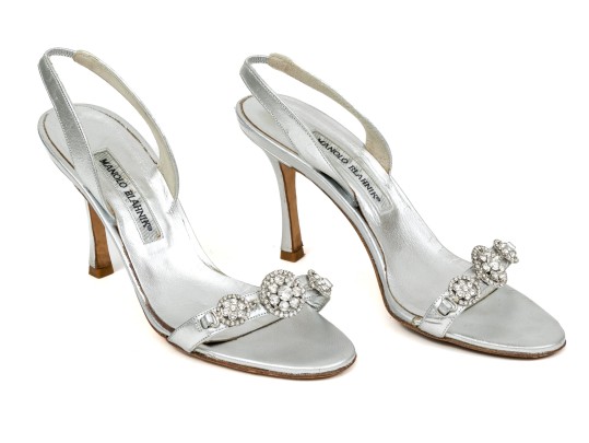 Manolo Blahnik Beautiful Bedazzled Silver Metallic Sandals, Size 38