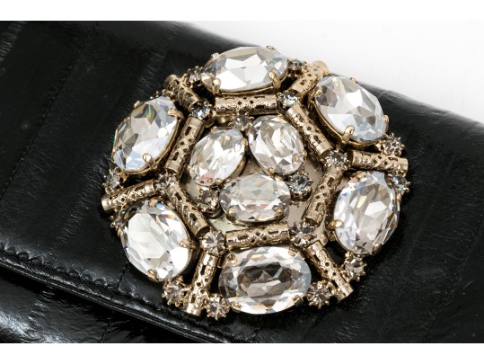 Badgley Mischka Beautiful Vintage Black Leather Baguette Clutch, Bedazzled Top