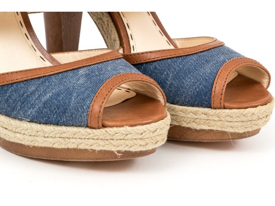 Coach Fun Denim And Brown Leather Platform Wooden Base Sandals, Size 8