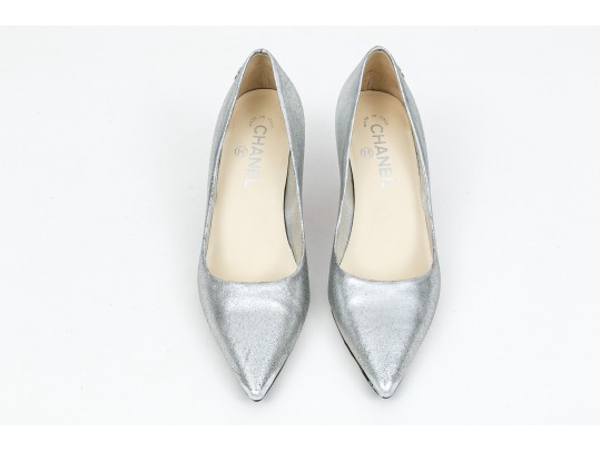 Chanel Striking Metallic Silver Leather Pumps, Size 36 1/2