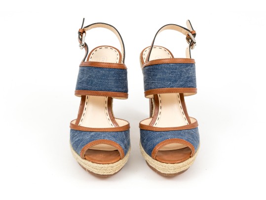 Coach Fun Denim And Brown Leather Platform Wooden Base Sandals, Size 8