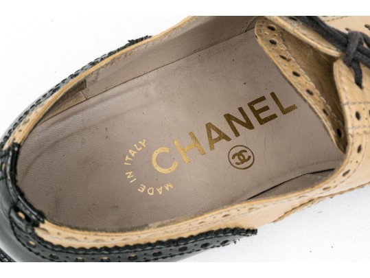 Chanel Classic Black And Tan Leather Wing Tip Saddle Shoes, Size 36 1/2