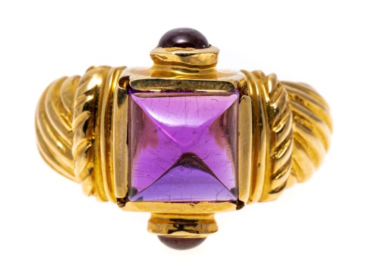 14k Yellow Gold Chunky Sugarloaf Amethyst And Garnet Ribbed Ring, Size 7+