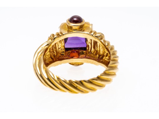 14k Yellow Gold Chunky Sugarloaf Amethyst And Garnet Ribbed Ring, Size 7+