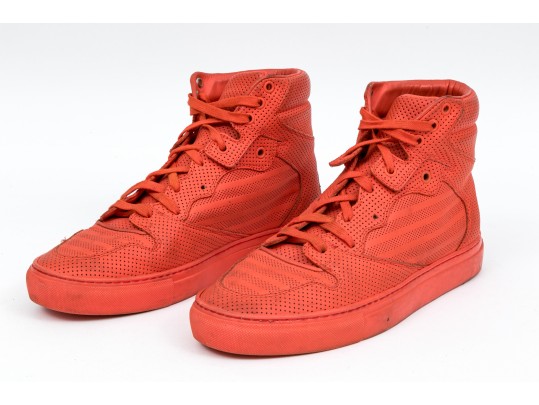 Balenciaga Striking Red Orange Leather Mens High Top Sneakers, Size 41