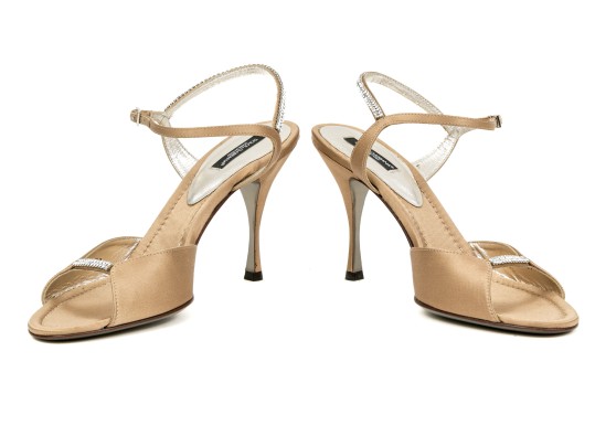 Dolce & Gabbana Bedazzled Champagne Beige Satin Sandals, Size 39