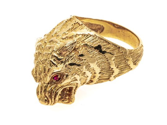 18k Yellow Gold Figural Roaring Tigers Head Ring With Ruby Eyes, Size 7.5
