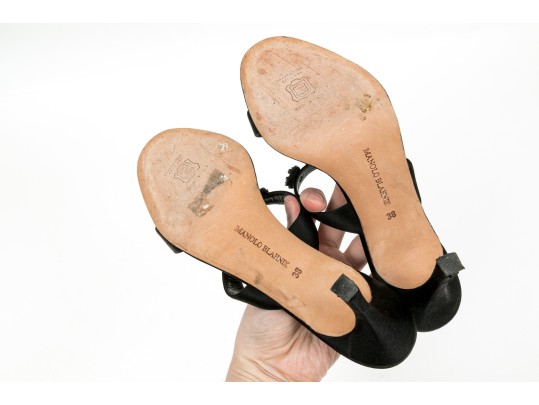 Manolo Blahnik Beautiful Bedazzled Black Satin Mules, Size 38