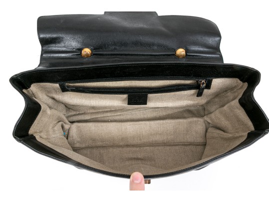 Gucci Vintage Black Leather Top Handle Bamboo Flap Bag, Copper Toned Hardware