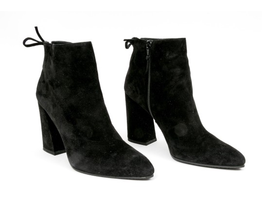 Stuart Weitzman Handsome Black Suede Tie Back Side Zip Bootie, Size 8 1/2 M