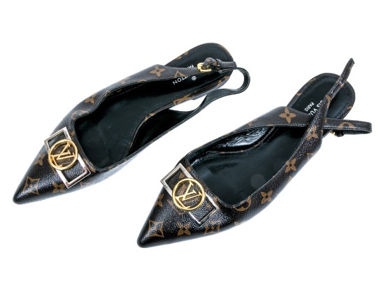 Louis Vuitton Adorable Flat Logo Slingback Mules, Size 40