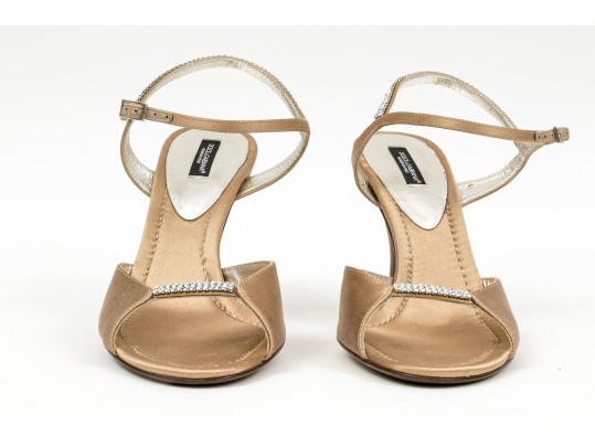 Dolce & Gabbana Bedazzled Champagne Beige Satin Sandals, Size 39