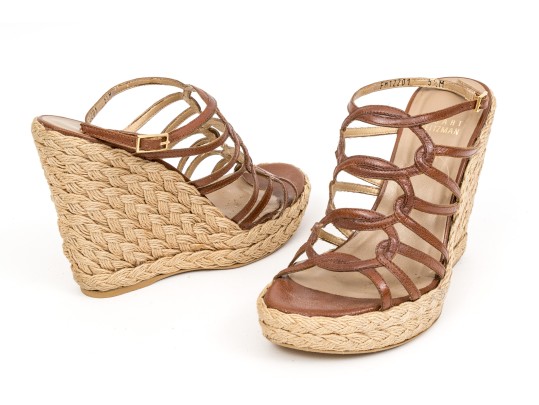 Stuart Weitzman Brown Leather And Hemp Wedge Ankle Strap Sandal, Size 5.5