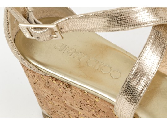 Jimmy Choo Gold Metallic Platform Ankle Strap Wedge Sandal, Size 38 Or 38 1/2