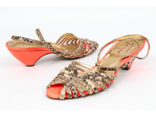 Walter Steiger Fun Orange Neon And Snakeskin Sandals, Size 37