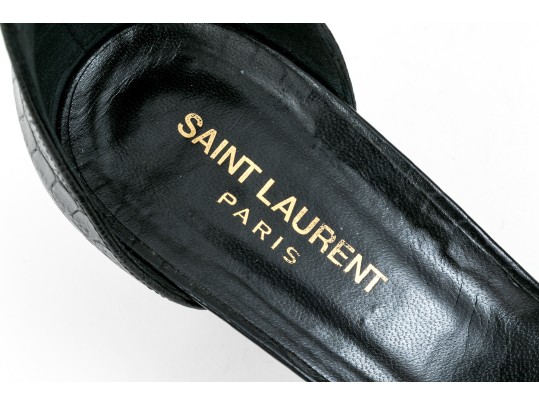 Saint Laurent Striking Black Crocodile Grained Sandals, Size 41, With Box