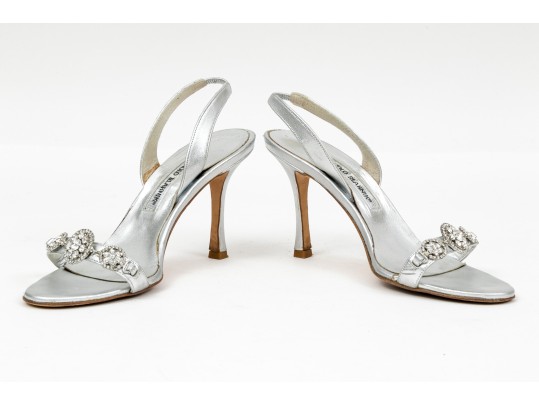 Manolo Blahnik Beautiful Bedazzled Silver Metallic Sandals, Size 38