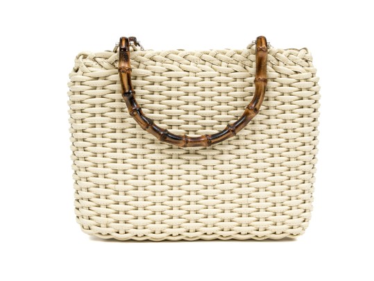 Gucci Lovely Woven Ivory Leather Bamboo Top Handle Bag