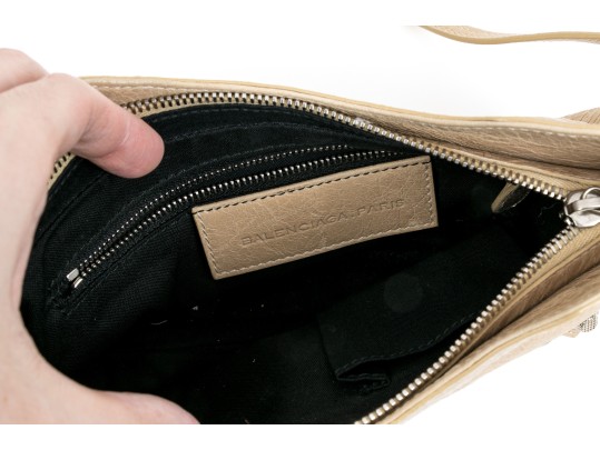 Balenciaga Striking Tan Leather Baguette Top Zip Shoulder Bag, Studded Accents