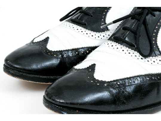 Salvatore Ferragamo Classic Black And White Leather Wing Tip Saddle Shoes, Size 36 1/2