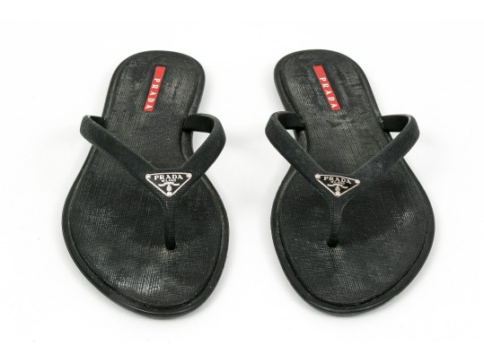 Prada Fun Textured Black Rubber Flip Flops, Size 38
