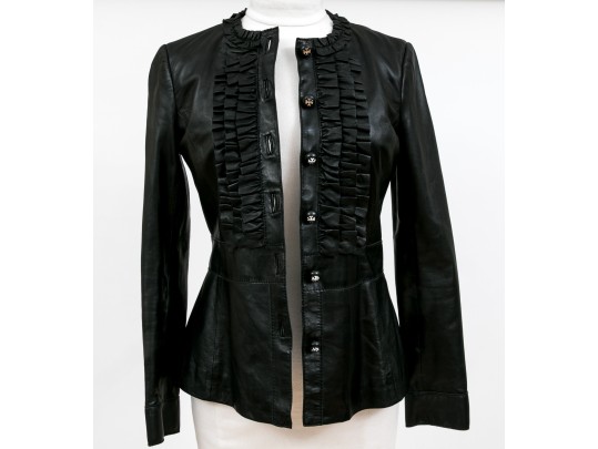 Tory Burch Beautiful Black Leather Ruffled Button Front Leather Jacket, Size 6