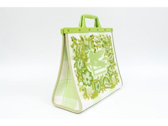 Etro Beautiful Green And White Embroidered Top Handle Tote Bag, Retail $2050