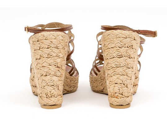 Stuart Weitzman Brown Leather And Hemp Wedge Ankle Strap Sandal, Size 5.5