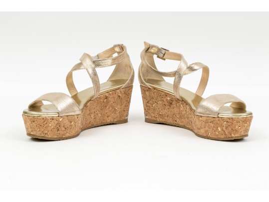 Jimmy Choo Gold Metallic Platform Ankle Strap Wedge Sandal, Size 38 Or 38 1/2