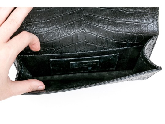 Saint Laurent Beautiful Black Crocodile Grained Leather Clutch