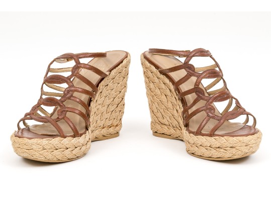 Stuart Weitzman Brown Leather And Hemp Wedge Ankle Strap Sandal, Size 5.5