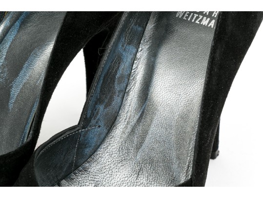 Stuart Weitzman Impactful Black Suede Gathered Peep Toe Platform Stilettos, Size 8 M