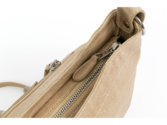 Balenciaga Striking Tan Leather Baguette Top Zip Shoulder Bag, Studded Accents