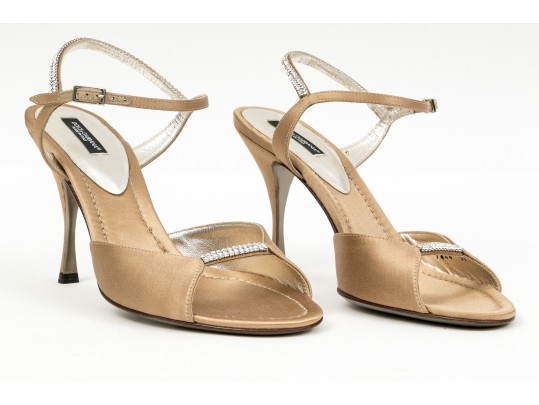 Dolce & Gabbana Bedazzled Champagne Beige Satin Sandals, Size 39