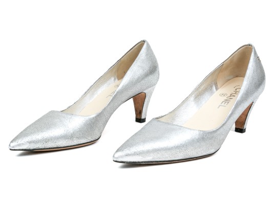 Chanel Striking Metallic Silver Leather Pumps, Size 36 1/2