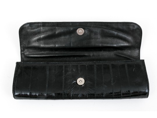 Badgley Mischka Beautiful Vintage Black Leather Baguette Clutch, Bedazzled Top