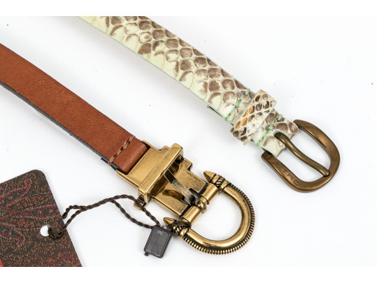 Etro Lovely Pair Of Two Narrow Belts, Leather And Snakeskin Grains