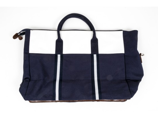 Ralph Lauren Large Blue Cotton, White And Brown Leather Top Handle Tote Bag